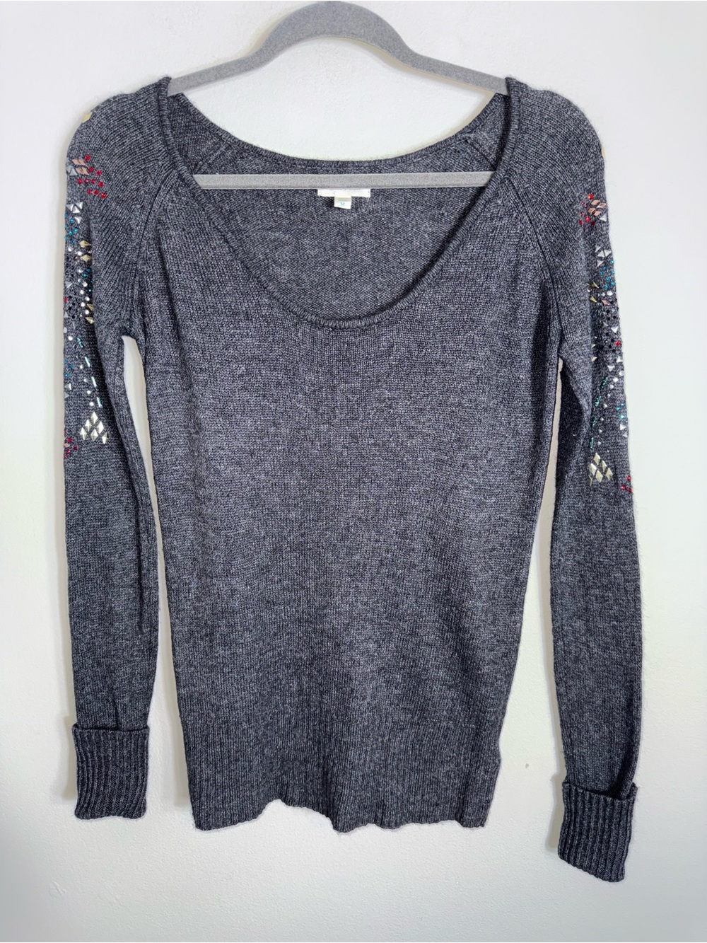Silence + Noise Pullover Sweater-Scoop Neck-Gray-Embellished Sleeves-MED